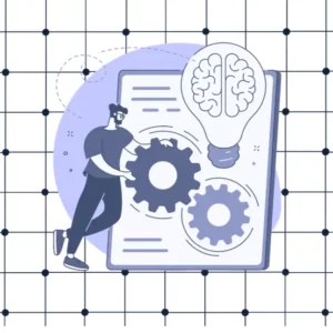 Ilustración de una representación conceptual del deterioro cognitivo debido a la hipoxia. Una figura con gafas aparece en pose contemplativa sobre un fondo azul con puntos, con una nube de pensamiento sobre su cabeza llena de engranajes y una bombilla de luz tenue, que simboliza la lucha con la claridad y el procesamiento cognitivo que puede producirse en condiciones de poco oxígeno.