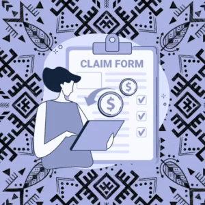 The image shows a person with a laptop in front of a large clipboard with a "CLAIM FORM" on it, suggesting the completion or review of a financial or insurance document, all set against a patterned background.