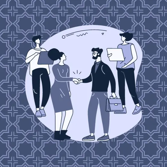 The image shows a group of stylized people engaged in various professional activities, such as carrying a briefcase, holding a laptop, and shaking hands, indicating a collaborative business environment.