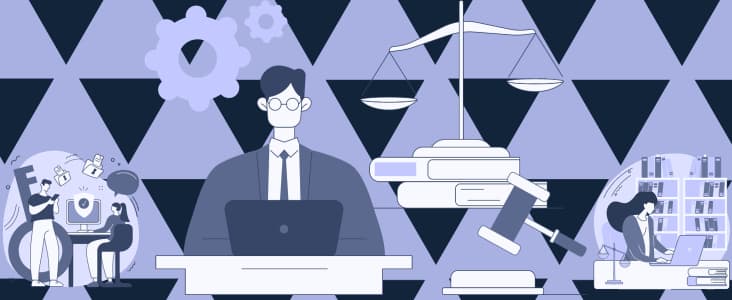 The wide image is divided into three segments that collectively suggest a theme of law and education. On the far left, two individuals are engaged in a scientific or educational activity, with one person teaching or guiding the other on a computer. In the center, a professional person is working on a laptop, flanked by symbols of justice, including a gavel and a set of balanced scales, indicating a legal or judicial focus. On the far right, an individual is surrounded by books and working at a desk with a lamp, hinting at study or research. The entire scene is overlaid on a background of geometric shapes and gears, possibly representing the interconnectedness of these fields.