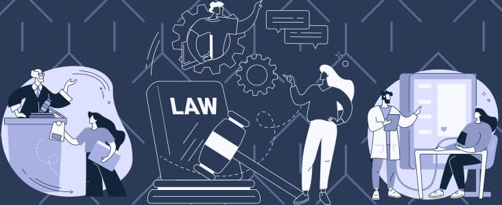 The image is an illustration in monochrome depicting various scenarios associated with the legal profession and education. On the left, a person stands behind a podium, passionately giving a speech or lecture to an audience member, which suggests a courtroom or educational setting. In the middle, there is a large laptop screen with the word "LAW" on it and an iconic gavel in front, symbolizing the field of law and its enforcement. There are gears in the background, indicating the mechanisms or workings of the legal system. On the right, two individuals appear to be engaged in a discussion or debate, one pointing to a chat bubble, which may represent communication or negotiation. The entire scene is set against a background with a pattern of legal scales, further reinforcing the theme of law and justice.