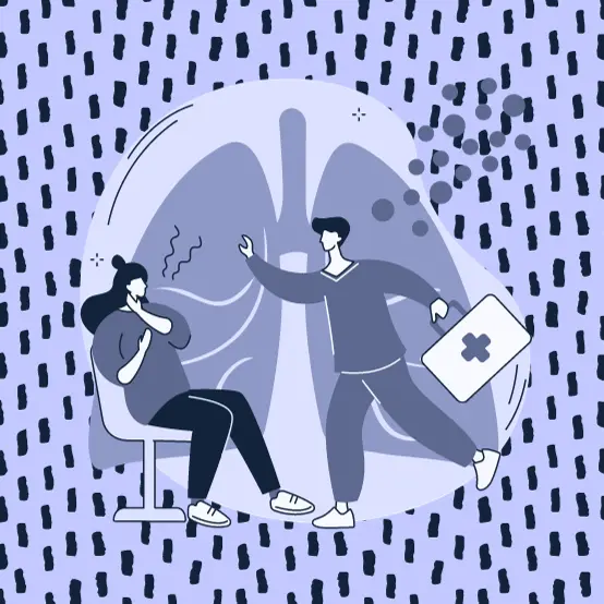 The image features two people against a backdrop of a lung x-ray; one person is sitting and coughing, while the other, holding a first aid kit, gestures no smoking, suggesting a health-related intervention or consultation.