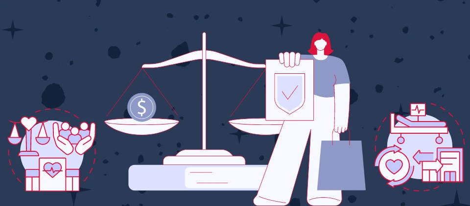 Graphic illustration depicting healthcare and law themes with a balance scale balancing a coin and a heart, a healthcare worker holding a clipboard with a checkmark and carrying a bag, alongside symbols including a medical kit, heart rhythm, and health graphs, all against a dark starry background.