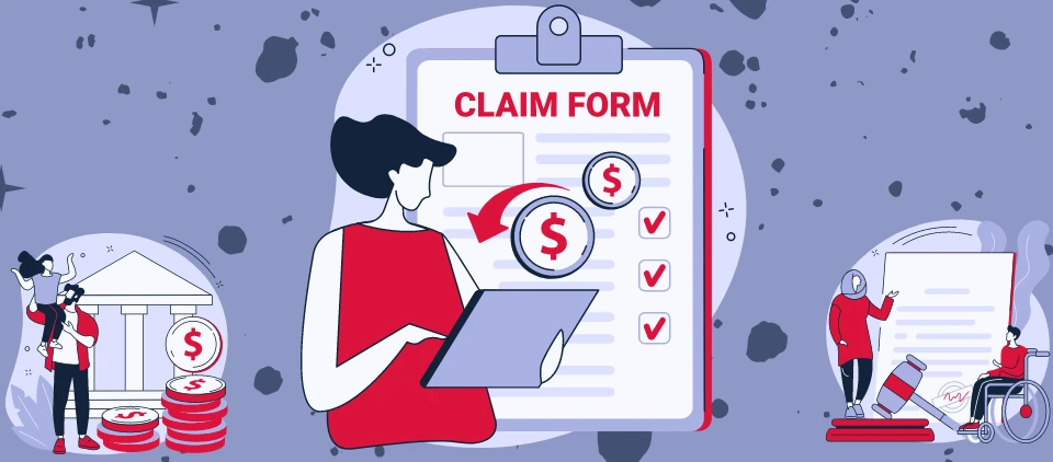 Alt text: "A graphic banner showcasing the process of medical claims and financial oversight. On the left, a figure with a child points to a bank building, behind stacks of coins with dollar symbols, indicating financial planning or savings. In the center, a prominent clipboard titled 'CLAIM FORM' with a list of items marked by check marks and dollar signs represents the meticulous process of filing healthcare claims. To the right, a person in a wheelchair is being attended to by an individual holding a gavel, which could symbolize legal assistance or advocacy in healthcare. The background is a muted purple with abstract shapes, conveying a sense of the complexities within healthcare and finance. The red, white, and blue accents stand out, emphasizing key aspects of the imagery.