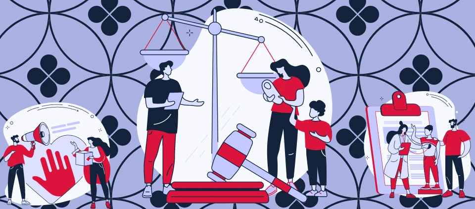 A banner blending elements of justice, healthcare, and public communication. On the left, scales of justice hang balanced, suggesting fairness and equality, while a person gestures towards a figure holding a megaphone, indicating public announcement or advocacy. In the center, a figure stands reading from a tablet, with a child beside them looking on, which could represent education or information sharing. A large gavel lies beside them, symbolizing legal authority. To the right, a clipboard with papers and a figure in medical attire pointing to it is being shown to an audience, illustrating medical administration or patient education. The background features a pattern of interlocking circles and flowers in shades of purple, adding a decorative and cohesive backdrop to the scene. The characters are dressed in red and black, creating a visual contrast with the lighter background.