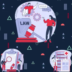 Ilustración que representa a personas relacionadas con diversos aspectos del Derecho, con un mazo, documentos jurídicos y una figura dentro de una rueda dentada, que simboliza la mecánica de la justicia.
