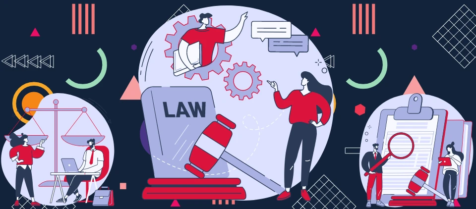 A vibrant banner highlighting legal advocacy and analysis. On the left, a person presents data to a colleague at a standing desk, symbolizing collaborative work or strategic planning. In the center, a large gavel rests on a book labeled 'LAW' with a figure confidently pointing to a gear and shield emblem, representing legal protection and the mechanics of law. To the right, an individual examines a document with a magnifying glass near a clipboard, illustrating detailed legal analysis or research. The background is adorned with an array of geometric shapes and celestial bodies, suggesting a dynamic and structured universe of law and order. The color palette is rich with red, blue, and yellow accents against a dark backdrop.